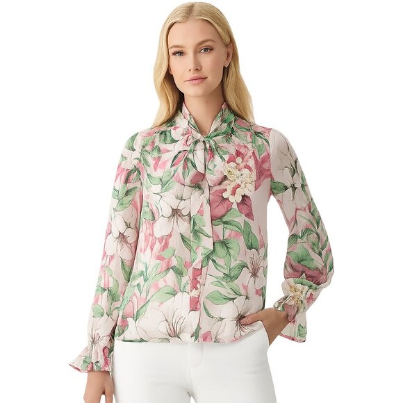 NWT White House Black Market Top M Long Sleeve Tie Neck Blouse Pink #WHBM6 - Picture 1 of 8